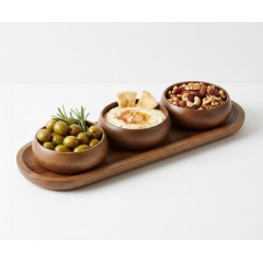 Set platou din lemn cu 3 boluri mici pentru gustari, sosuri si aperitive, 36x13x2 cm, maroniu inchis