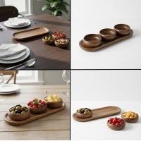 Set platou din lemn cu 3 boluri mici pentru gustari, sosuri si aperitive, 36x13x2 cm, maroniu inchis