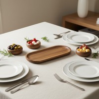 Set platou din lemn cu 3 boluri mici pentru gustari, sosuri si aperitive, 36x13x2 cm, maroniu inchis