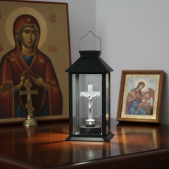 Felinar LED, incarcare solara, cruce, 14x14x28 cm, buton on/off, pentru cimitir sau spatii memoriale