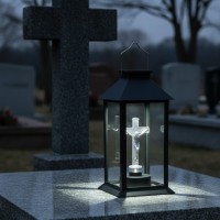 Felinar LED, incarcare solara, cruce, 14x14x28 cm, buton on/off, pentru cimitir sau spatii memoriale