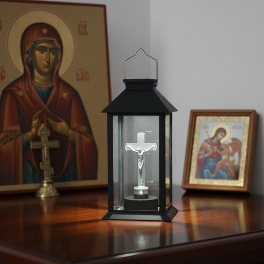 Felinar LED, incarcare solara, cruce, 14x14x28 cm, buton on/off, pentru cimitir sau spatii memoriale