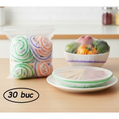 Set 30 capace tip folie elastica, acoperire si conservare alimente in boluri si farfurii, 2 marimi