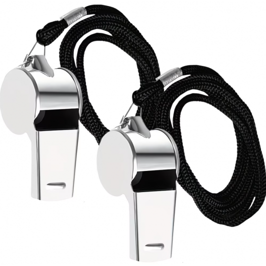 Set 2 buc fluier metalic cu snur negru, pentru antrenamente sportive sau activitati scolare