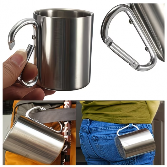 Cana portabila, metalica, maner practic tip carlig carabinier, pentru drumetii, camping sau pescuit
