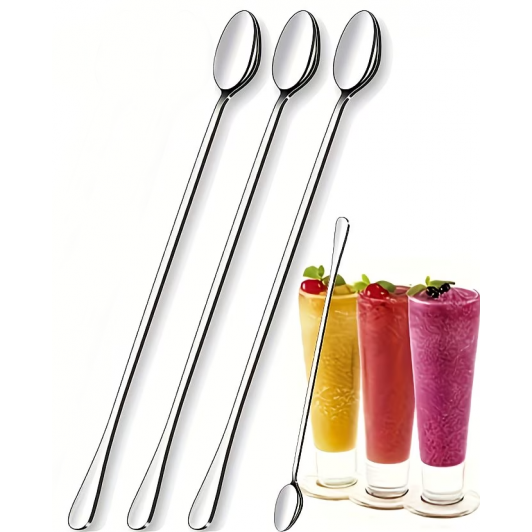 Set 3 buc lingurita lunga, inox, 20 cm, pentru cocktailuri, desert sau bauturi in pahare inalte