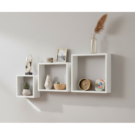 Set 3 cuburi din MDF, albe, moderne, decorative si practice, feronerie fixare inclusa