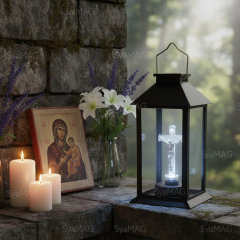Felinar LED, incarcare solara, cruce, 14x14x28 cm, buton on/off, pentru cimitir sau spatii memoriale
