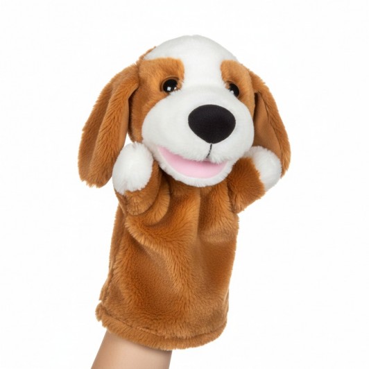 Marioneta din plus, model catel, maro/alb, 28 cm