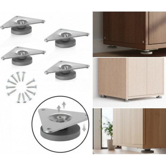 Set 4 picioare reglabile pentru mobila, din otel, cu feronerie inclusa, 11.5x8x2.5 cm