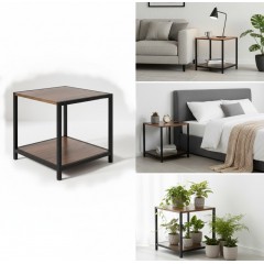Masuta decorativa, cadru metalic, 2 rafturi din lemn, 32x28x37 cm, maro, sarcina maxima 10kg pe raft