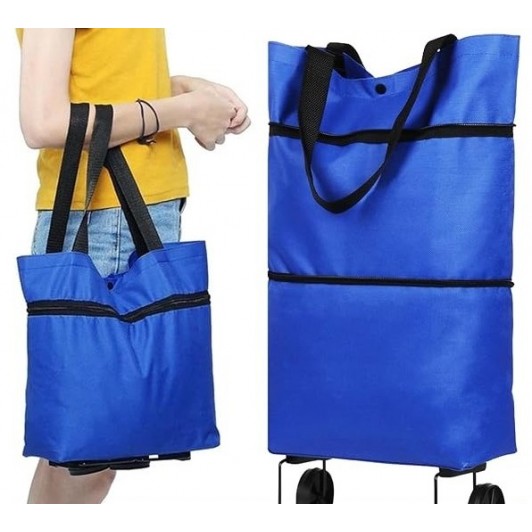 Geanta Pliabila, 2 in 1, Carucior cu Roti, pentru Cumparaturi, 19 l, Albastru, Plastic, 39x46x12 cm