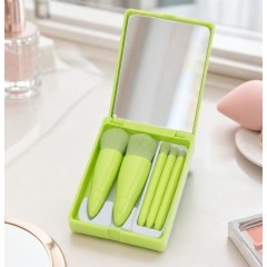 Set 5 Mini Pensule de Machiaj, Portabile, in Carcasa cu Oglinda, 12x7x2.5 cm, Verde Lime
