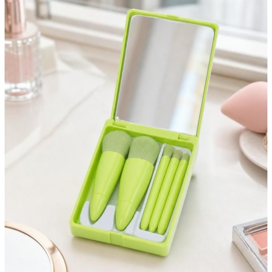 Set 5 Mini Pensule de Machiaj, Portabile, in Carcasa cu Oglinda, 12x7x2.5 cm, Verde Lime
