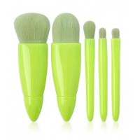 Set 5 Mini Pensule de Machiaj, Portabile, in Carcasa cu Oglinda, 12x7x2.5 cm, Verde Lime