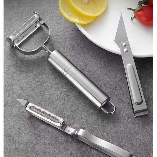 Accesorii de Curatat Decojit Fructe Legume, 3 Piese, Feliator Cutit Decojitor, Inox