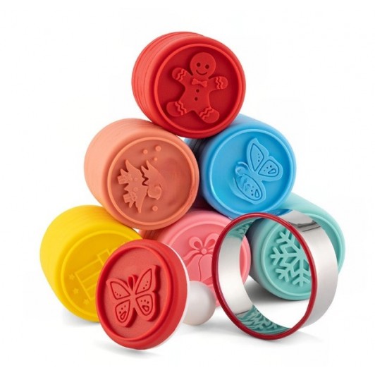 Set 6 stampile prajituri, silicon, taietor aluat inclus, 6 cm, maner tamper din plastic