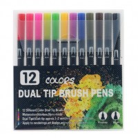 Set 12 Carioci, pe baza de apa, 2 Tipuri de Varf, 1-2 mm, 0.4 mm, Multicolor