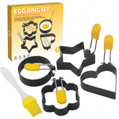 Set 4 forme pentru ou, din otel, strat antiaderent, diametru 7.5 cm, cu maner din ABS