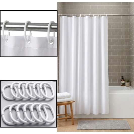 Perdea de dus cu 12 inele plastic incluse, 200x180 cm, alba