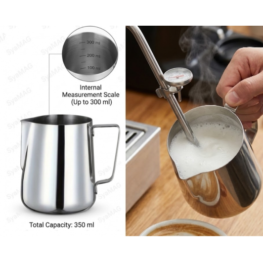 Cana pentru spumarea laptelui, Inox, gradatie 300 ml, capacitate 350 ml, 7.5x9 cm