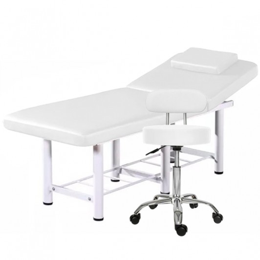 Set Pat cosmetica, Alb, 186x70x70cm, 22kg, Piele ecologica + Scaun salon cu spatar, Alb