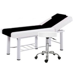 Set Pat cosmetica, Alb-Negru, 186x70x70cm, 22kg, Piele eco + Scaun rotativ pentru salon, Alb