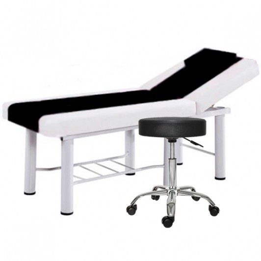 Set Pat cosmetica, Alb-Negru, 186x70x70cm, 22kg, Piele eco + Scaun rotativ pentru salon Negru