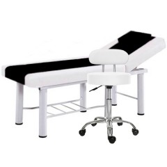 Set Pat cosmetica, Alb-Negru, 186x70x70cm, 22kg, Piele eco + Scaun salon cu spatar Alb