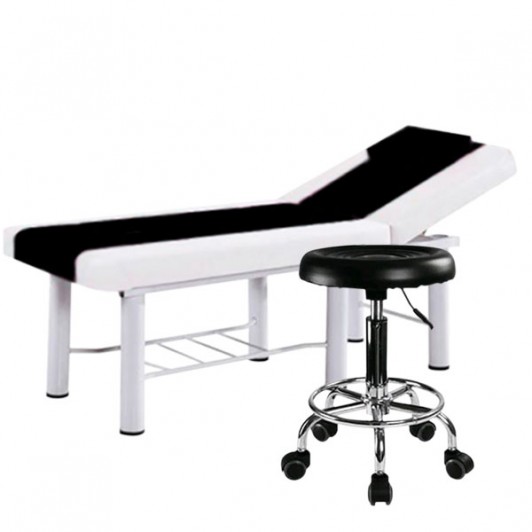 Set salon - Scaun hidraulic, Taburet rotativ, Negru + Masa cosmetica, Pat masaj, Alb-Negru
