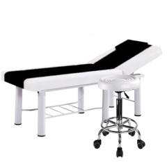 Set salon - Scaun hidraulic, Taburet rotativ, Alb + Masa cosmetica, Pat masaj, Alb-Negru