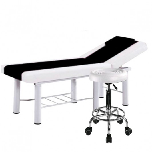 Set salon - Scaun hidraulic, Taburet rotativ, Alb + Masa cosmetica, Pat masaj, Alb-Negru