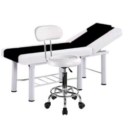Set salon - Scaun hidraulic cu spatar, Taburet rotativ, Alb + Masa cosmetica, Pat masaj, Alb-Negru