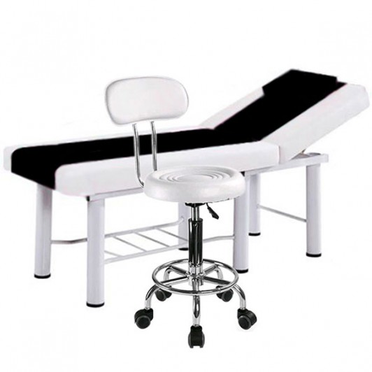 Set salon - Scaun hidraulic cu spatar, Taburet rotativ, Alb + Masa cosmetica, Pat masaj, Alb-Negru