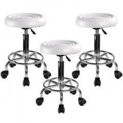 Set 3 buc - Scaun hidraulic cu roti, Alb, Taburet rotativ, Pentru salon cosmetica, Piele ecologica