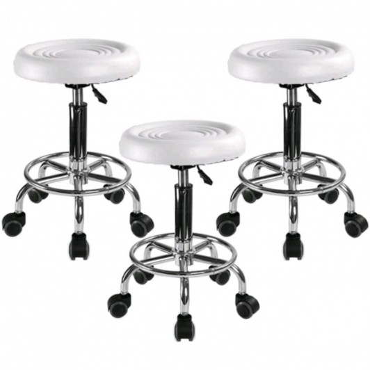 Set 3 buc - Scaun hidraulic cu roti, Alb, Taburet rotativ, Pentru salon cosmetica, Piele ecologica