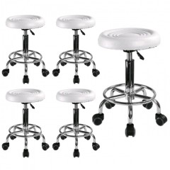 Set 5 buc - Scaun hidraulic cu roti, Alb, Taburet rotativ, Pentru salon cosmetica, Piele ecologica