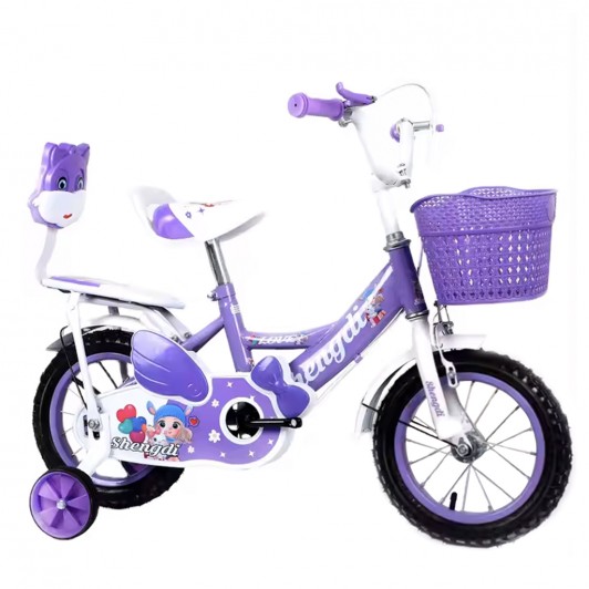 Bicicleta copii 3 - 6 ani, Roti 14 inch, Mov, Doua locuri, Roti ajutatoare, Frane