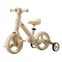 Bicicleta cu roti ajutatoare 2-4 ani, Crem, 10 inch, 2 in 1 Transformabila in bicicleta fara pedale