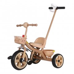 Tricicleta copii 2 - 5 ani cu maner parental detasabil, Crem, Suport picioare, Doua cosuri jucarii