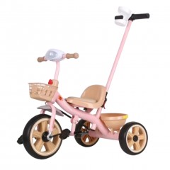 Tricicleta copii 2 - 5 ani cu maner parental detasabil, Roz, Suport picioare, Doua cosuri jucarii