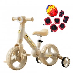 Bicicleta cu roti ajutatoare 2 - 4 ani, Crem, 10 inch, 2 in 1 Transformabila fara pedale, Echipament
