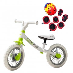 Bicicleta echilibru 2 - 5 ani, Alba, 12 inch, Fara pedale pentru incepatori, Echipament protectie
