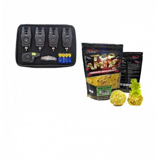 Set Penar 4 avertizori + Stație East Shark Nada pentru pescuit TOP AMIX CRAP CARAS (GALBEN) 1kg