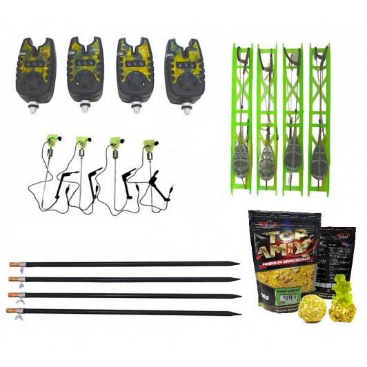 Set 4 senzori EastShark cu baterii, 4 suporti reglabili, 4 Swinger, 4 monturii si nada TOP AMIX