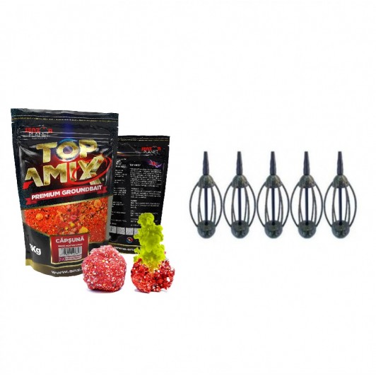 Set 5 monturi crap cu momitor și nada TOP AMIX Groundbait de căpșună 1kg