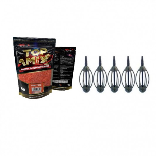 Set 5 monturi crap cu momitor și nada TOP AMIX Groundbait FRUTTIS 1kg