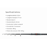 Lansetă Telescopică 3,6 m Carbon Composit, 100–160 g, 7 Tronsoane, 6 Inele, 380 g, Transport 71 cm