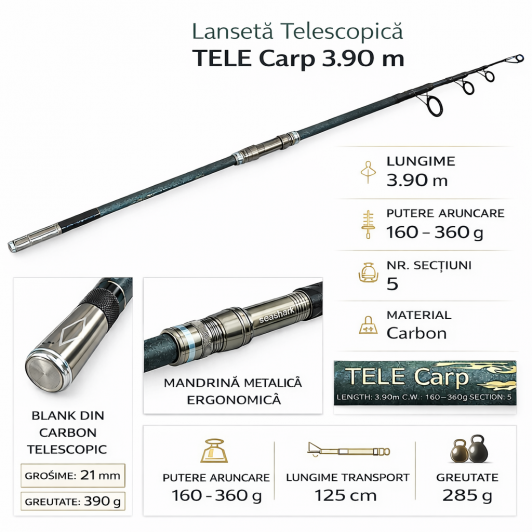 Lanseta Telescopică TELE Carp 3.90 m – Carbon, 160–360 g, Blank 21 mm, 390 g
