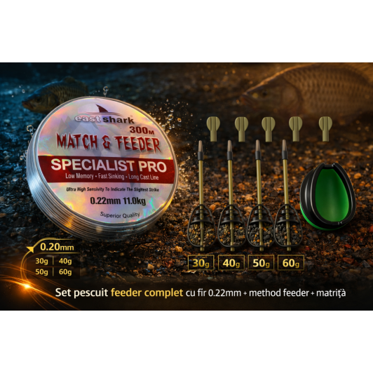 Set Pescuit Feeder Complet – Fir 0.22mm East Shark + Method Feeder 30g 40g 50g 60g + Matriță